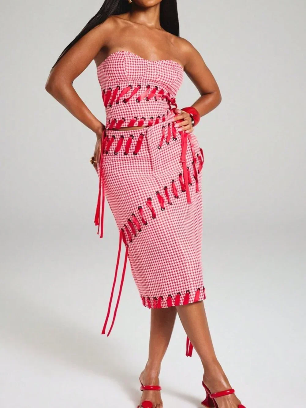 Red Casual Women's Lace Up Gingham Tweed Houndstooth Pencil Midi Skirt